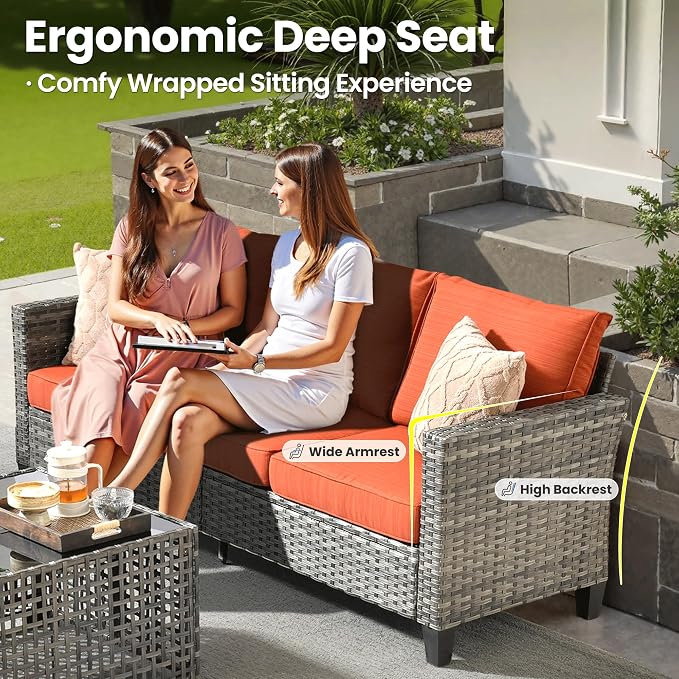 ovios 9 Pieces Patio Furniture Set with 54" Fire Pit Table, Outdoor Sofa Couch with Solar Lights Table Comfy Cushions, Modern Deep Seat Wicker Rattan Conversation Set, Orange Red