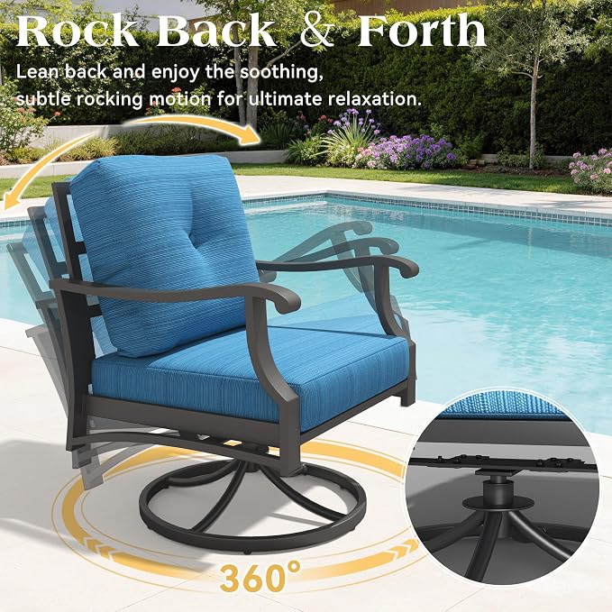 Outdoor Swivel Rocking Chairs, 3 Piece Metal Patio Rocker Chair w/Coffee Table, Aluminum Patio Bistro Furniture Set with 5" Thickened Cushions for Porch, Yard, Balcony, Blue