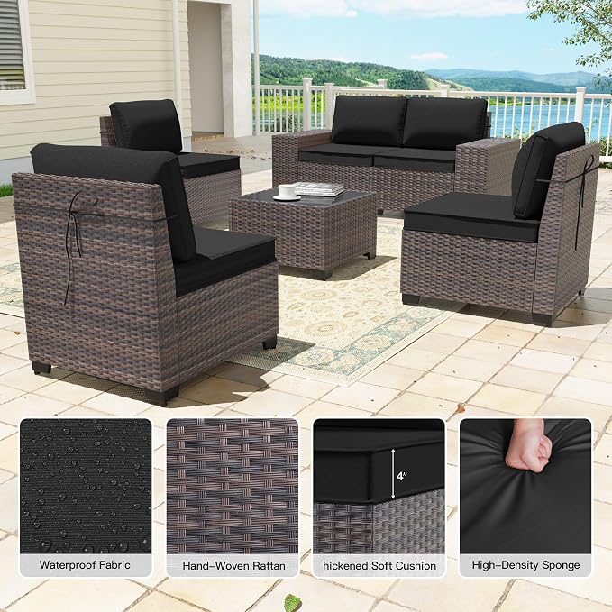 6 Pieces Patio Furniture Sets with Glass Tea Table,PE Rattan Wicker Patio Conversation Set with Washable Cushions,Outdoor Patio Sectional Furniture Set for Backyard, Poolside, Garden,Black