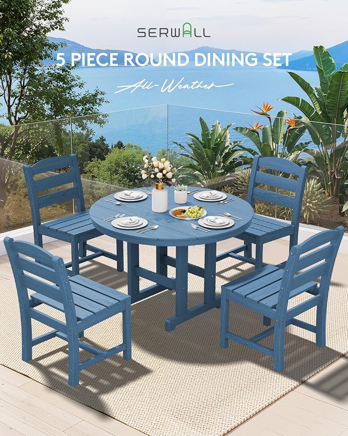 SERWALL 5-Piece Patio Dining Sets, HDPE Outdoor Table and Chairs Furniture Set, 45" Round Dining Table and 4 Armless Dining Chairs, Navy