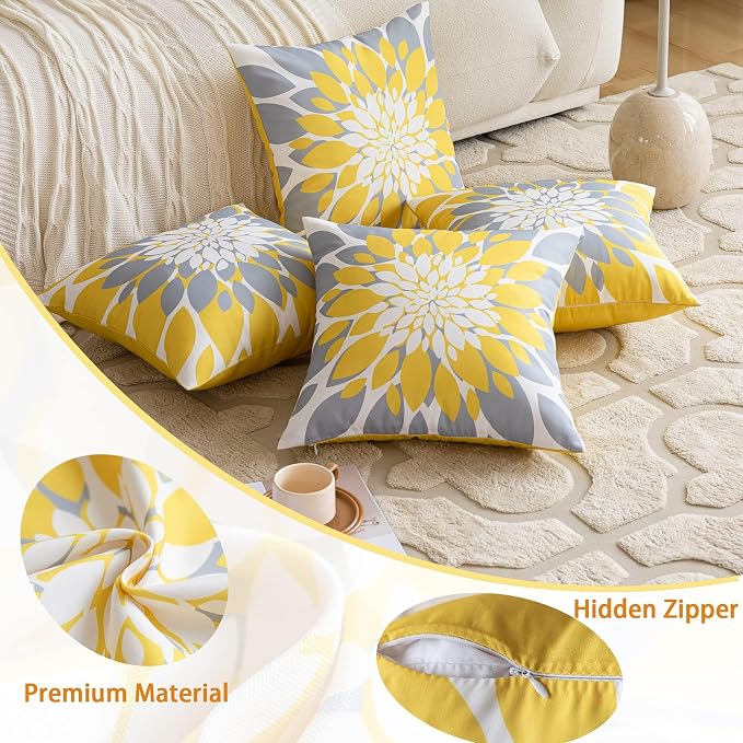 Pack of 4 Fall Outdoor Waterproof Pillow Covers 16x16 Decorative Outdoor Throw Pillows Garden Square Cushion Cases for Patio Furniture, Couch, Tent Sunbrella, Bench, Mustard Yellow Grey