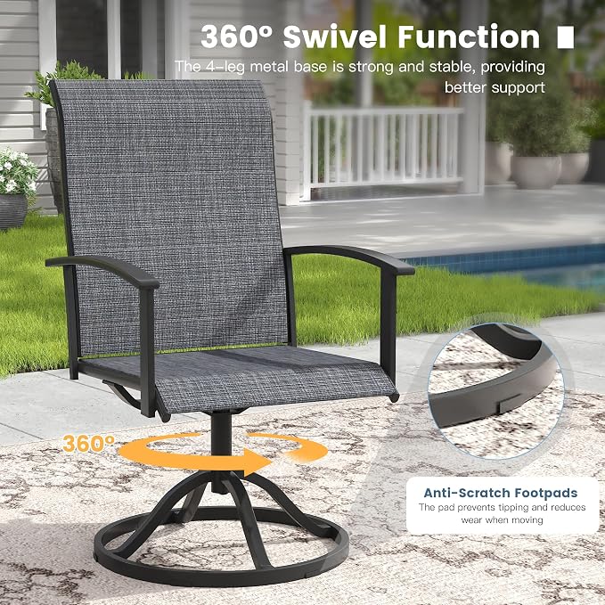 DIFY 9 Pieces Outdoor Dining Set for 8, 63" Black Round Metal Table with Umbrella Hole and Dark Grey Textilene Swivel Patio Chairs, Patio Table and Chairs Set for Garden, Backyard, Poolside