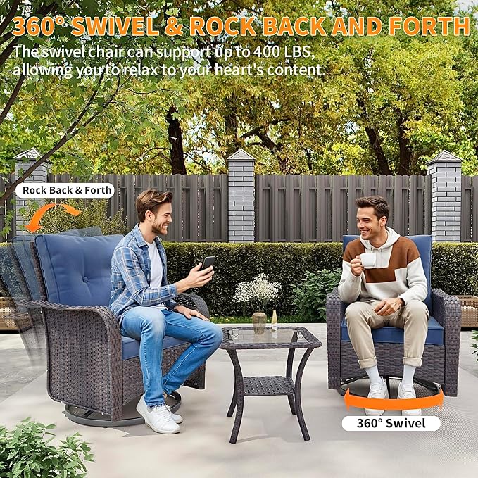 Gotland 10 Pieces Patio Furniture Set with 2 Swivel Rocking Chairs 1 Fire Pit Table, Patio Furniture in 4 Combinations with 1 Coffee Table Wide Armrests 29.5'' High Backrest, for Deck Garden Pool Navy