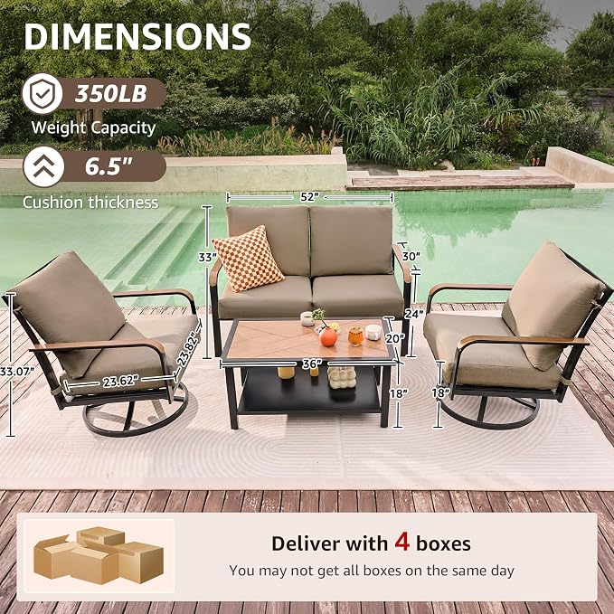 NATURAL EXPRESSIONS Patio Furniture Sets,4 Pieces Metal Outdoor Conversation Sofa Set with High Back Swivel Rocking Chairs with Anti-Scald Armrest,Double-Deck Wooden-Grain Table,6" Cushions for Yard
