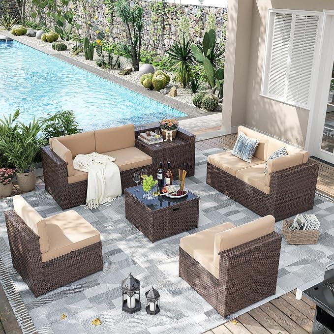 Aoxun 8 Piece Patio Furniture Set, Wicker Outdoor Furniture with Large Storage Table, Patio Conversation Sets with Waterproof Cover, Outdoor Sectional Sofas for Backyard Garden(Brown/Khaki)