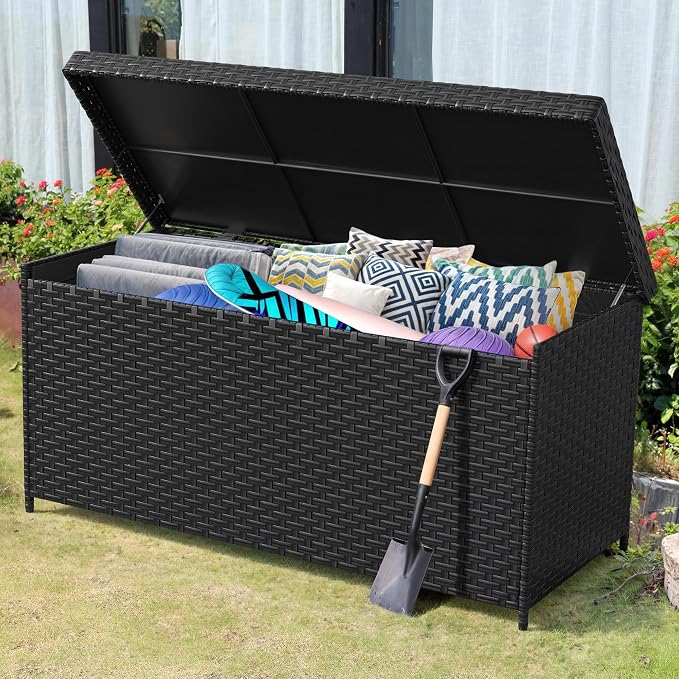 YITAHOME 260 Gallon Wicker Deck Box, XXL All-Weather Outdoor Storage Box, Extra Large Rattan Storage Bin for Patio Furniture, Outdoor Cushions, Pool Storage and Garden Tools (Black)