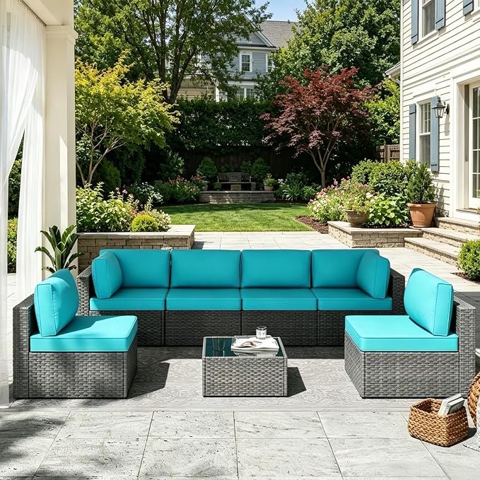 MOCHITO 7 Pcs Outdoor Patio Furniture Sets Grey Rattan Turk Blue Cushions | All-Weather Sectional Sofa, with Glass Table, PE Rattan Wicker Patio Furniture , Washable Cushions, for Balcony Porch Garden