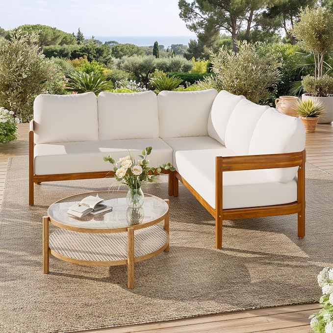 Outdoor Patio Conversation Furniture Set, Acacia Solid Wood Patio Furniture Set with 6 Soft Seat Cushions and Backpack, L-Shaped Outdoor Corner Sofa with Arc Frame for Backyard, Garden (White/16)