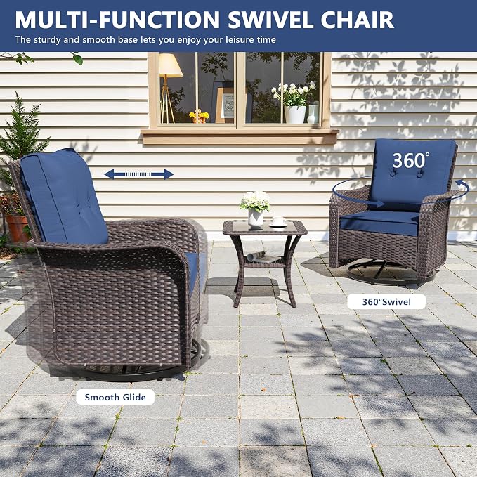 9 PCS Outdoor Patio Furniture Set,Outdoor Sectional Furniture All Weather PE Rattan Wicker Patio Conversation Set,Swivel Rocking Chairs Set,Navy Blue