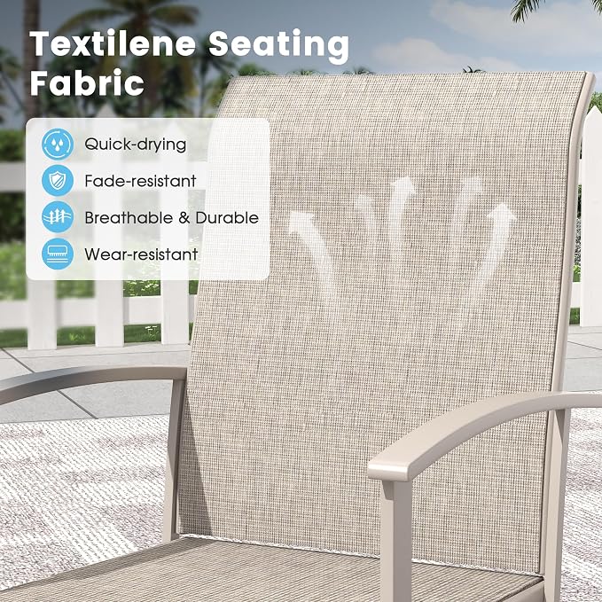 9 Pieces Outdoor Patio Dining Table Set, 63" All Weather Round Metal Table with Umbrella Hole and 8 High Back Textilene Swivel Chairs for Garden, Lawn, Poolside, Sandshell