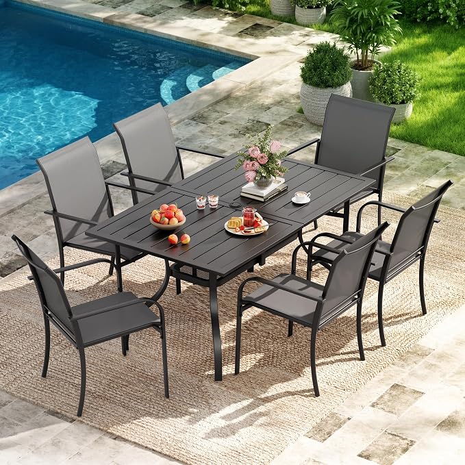 Incbruce 7 Pieces Outdoor Dining Set, Patio Metal Dining Set of 6 Textilene Chairs and Rectangle Table with Umbrella Hole for Lawn, Garden, Porch and Backyard (Grey)