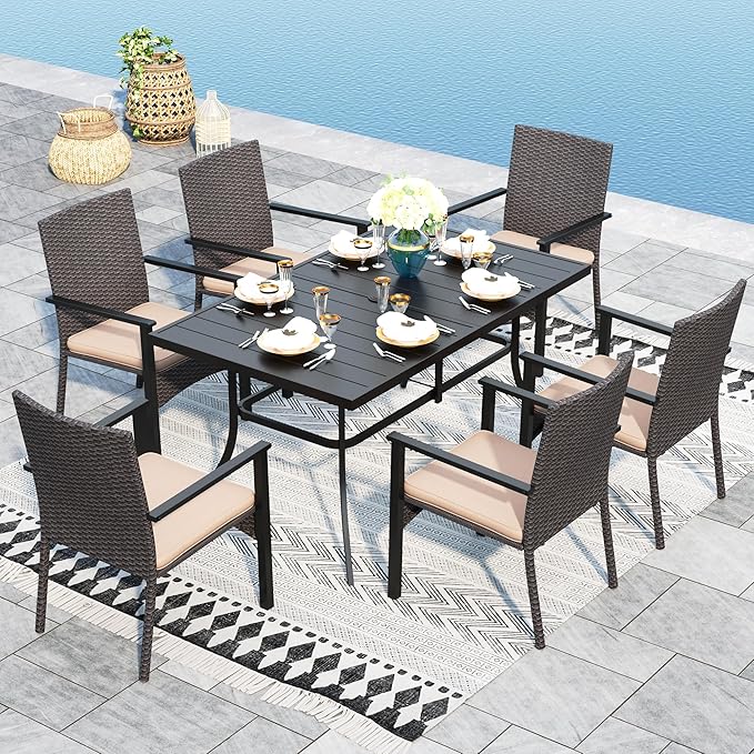 Sophia & William 7 Pieces Patio Dining Set for 6 People, Metal Patio Table and Rattan Chairs Set, Rectangular Outdoor Table and Wicker Chairs with 1.57"-1.9" Adjustable Umbrella Hole, Seat Cushion