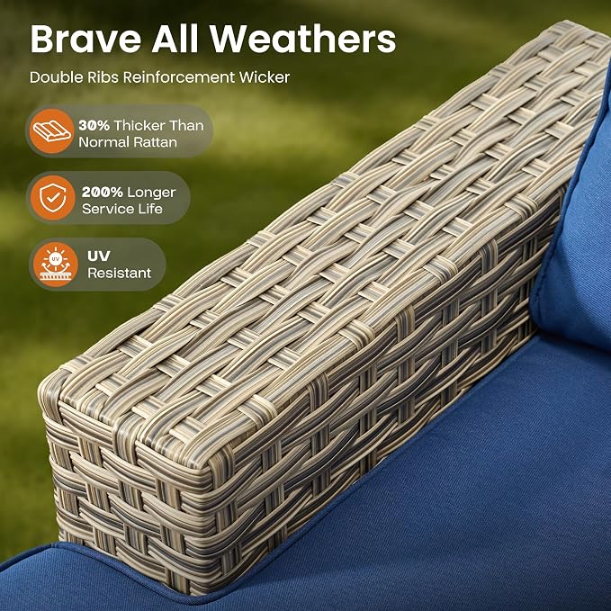 ovios 9 Piece Patio Sectional Furniture with Swivel Rocking Chairs, Rattan Wicker Coversation Couch Set, Outdoor Sofa Set for Outside Porch Balcony Backyard Pool, Navy Blue