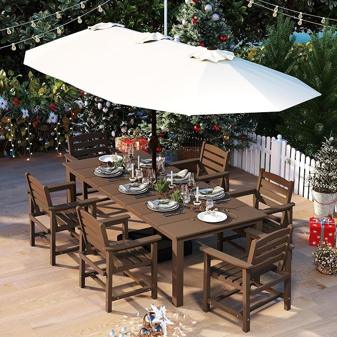 HDPE 5-Piece Outdoor Dining Set with Armchairs, Brown | All Weather Patio Table and Chairs with Umbrella Hole, Patio Furniture Dining Set for Lawn, Garden, Deck, Backyard
