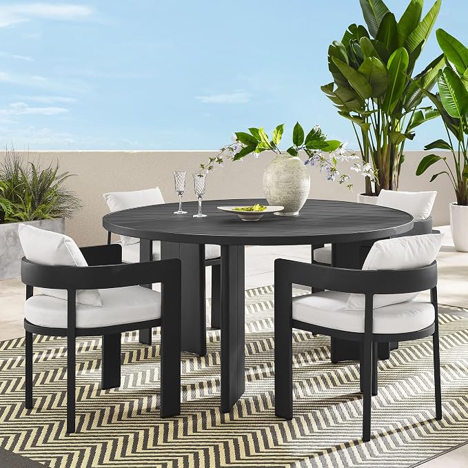 Modway Tahoe Outdoor Patio Powder-Coated Aluminum 5-Piece Dining Set in Gray White - Round Patio Furniture Set for 4 - Outside Table with Umbrella Hole and Cushioned Chairs - Modern Patio Set