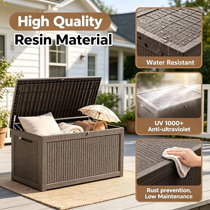 328 Gallon Waterproof Outdoor Storage Box, Heavy Duty Resin Deck Box Lockable, Large Outside Patio Storage Bench for Garden Tools & Pool Accessories,Hydraulic Lift, All-Season UV-Resistant, Gray Brown