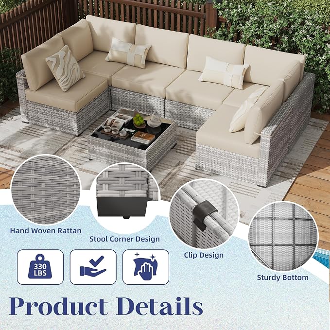 KIGOTY 7-Piece Patio Furniture Set, All-Weather PE Rattan Outdoor Sectional Sofa, Modular Wicker Conversation Set with Thick Cushions & Easy-Clean Coffee Table（Grey White/Grey）