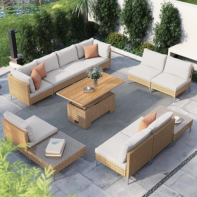 Grand patio 12-Piece Patio Wicker Furniture Set with Lift Top Coffee Storage Table, Outdoor Conversation Set Sectional Sofa with Water Resistant Thick Cushions, Cream