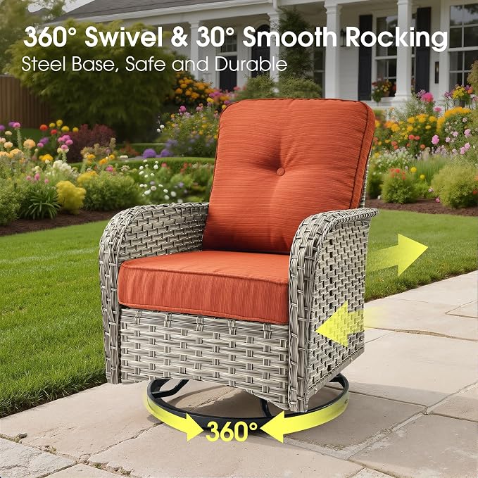 Wicker Patio Furniture Set with Fire Pit Table,9 Pieces Outdoor Sectional with Swivel Chairs Ottoman,Out Door Furniture Conversation Set,Orange Red