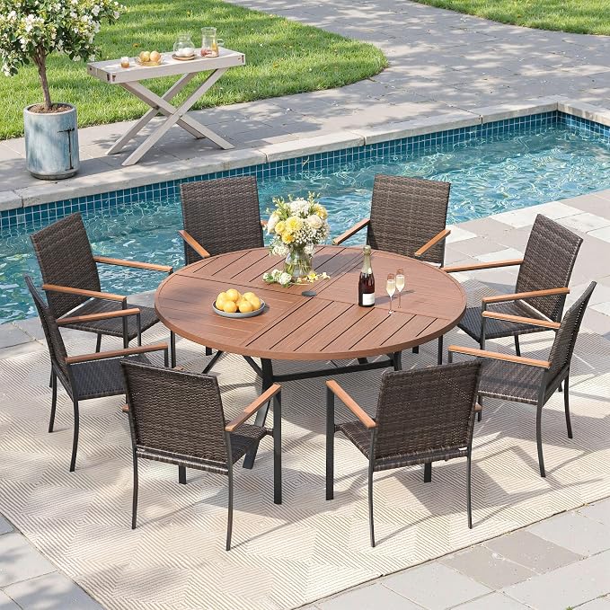 Round Patio Dining Set for 8, Outdoor Furniture Set of 53.1" Round Metal Table with Umbrella Hole and Stackable Wicker Patio Chairs for Backyard Lawn Garden, Walnut Chairs, Walnut Table