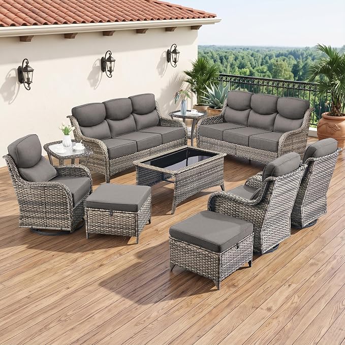 Luxury 6" Thick Cushion 9 Pieces Wicker Patio Furniture Set with High Back Swivel Rocker Chairs, Outdoor Conversation Set with Patio Couch for Deck Porch Yard and Poolside