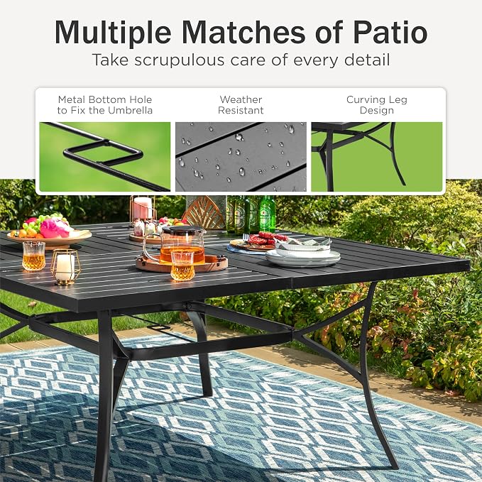 PHI VILLA Patio Dining Set for 8 Person, Large Slat Metal Square Table with Umbrella Holes and 8 High Back Fixed Chairs All Weather Patio Furniture Set for Outdoor Deck Garden