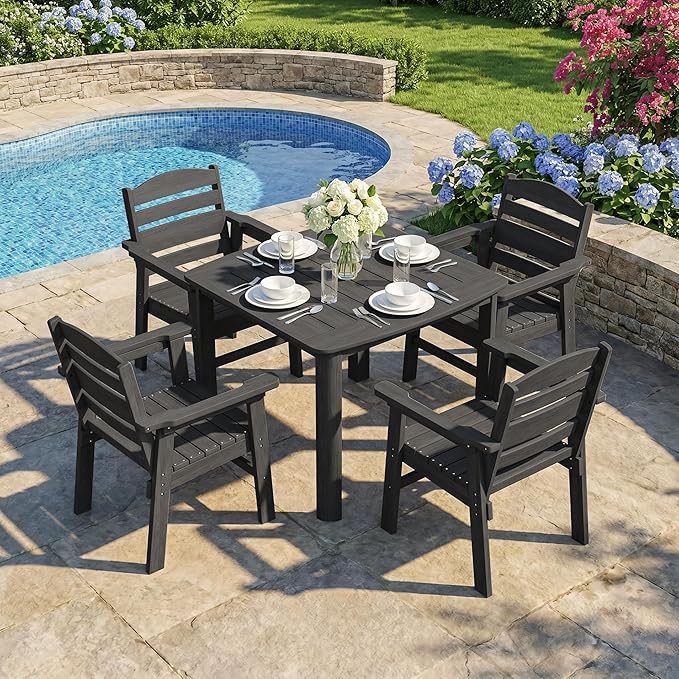 5-Piece HDPE Outdoor Dining Set for 4, Outdoor Table and Chairs | Weather Resistant Patio Table and Chairs set, Square Table with Umbrella Hole for Garden, Backyard, Lawn and Poolside, Black