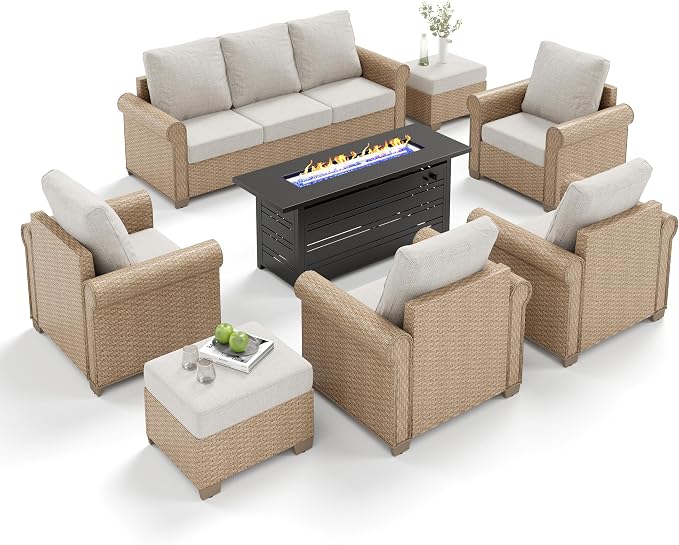 MIXPATIO Patio Furniture Set 8 pcs, Wicker Outdoor Patio Furniture, 3-Seat Sofa, 4 Single Chairs, 2 Ottomans and 56" Gas Fire Pit Table, Rattan Patio Conversation Set for Backyard Deck, Beige