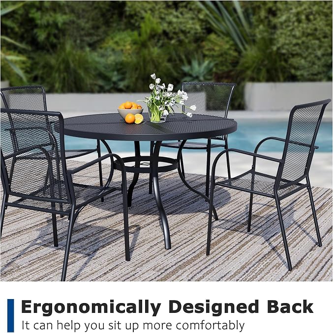 7 Pieces Outdoor Dining Set for 6, Black Metal Mesh Outdoor Dining Table and 6 Black Metal Mesh Stackable Patio Chairs with Armrest, Patio Table and Chairs Set for Lawn Garden Backyard
