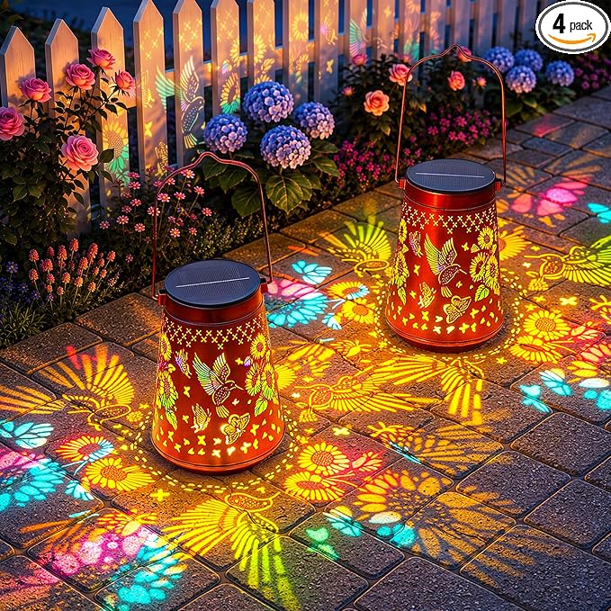 4 Pack Solar Lanterns Outdoor Waterproof Birthday Gifts for Women Mom | Colorful Hollow Metal Sunflowers Butterflies Hummingbirds Lantern, 2 Modes Hanging Solar Lights for Gardens, Patios Decor