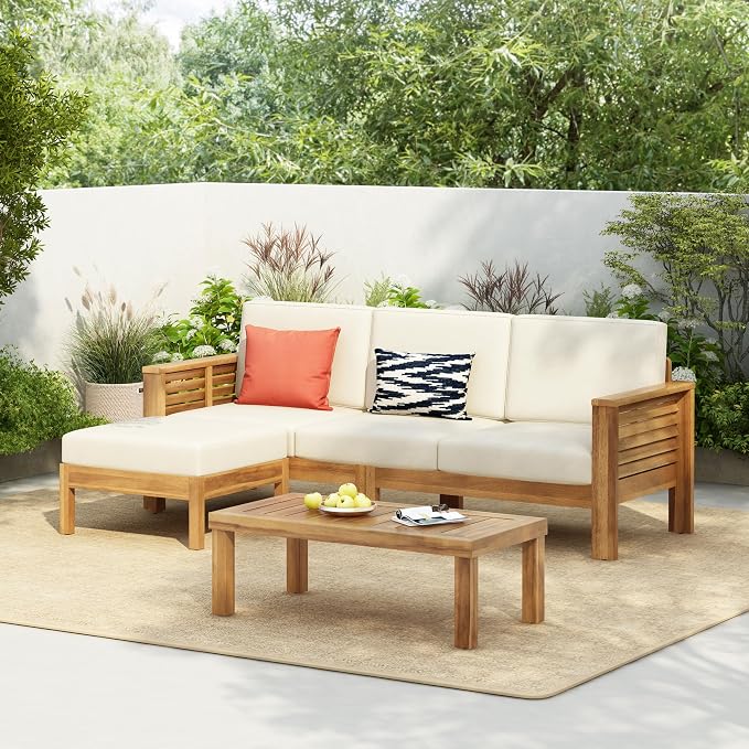 Christopher Knight Home Havets 3 Pieces Outdoor Acacia Furniture Set, Slat Panel Couch, Spacious Seating Armchair, 6" Thick Cushions Sofa and Coffee Table Set for Backyard Garden Balcony, Teak+Beige