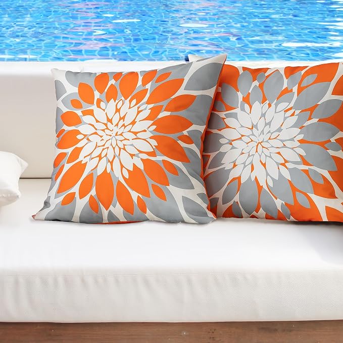 Pack of 4 Fall Outdoor Waterproof Pillow Covers 20x20 Decorative Outdoor Throw Pillows Garden Square Cushion Cases for Patio Furniture, Couch, Tent Sunbrella, Bench, Orange Grey