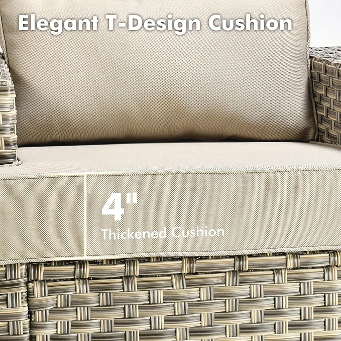 4-Piece Wicker Outdoor Sectional Furniture, Wide Armrest L-Shaped Patio Couch Set with Ottoman, Modern Modular Conversation Sets with Thick Cushion for Backyard Porch Balcony, Beige
