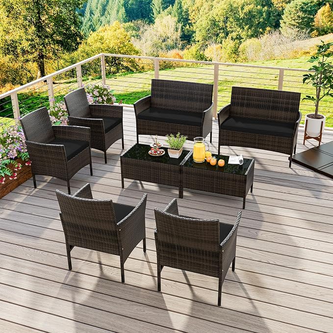 HAPPYGRILL 8 Pieces Outdoor Rattan Conversation Set, Patio Wicker Furniture Set with Loveseat Chairs & Tempered Glass Coffee Table, Outside Sectional Sofa Set for Backyard Garden & Poolside