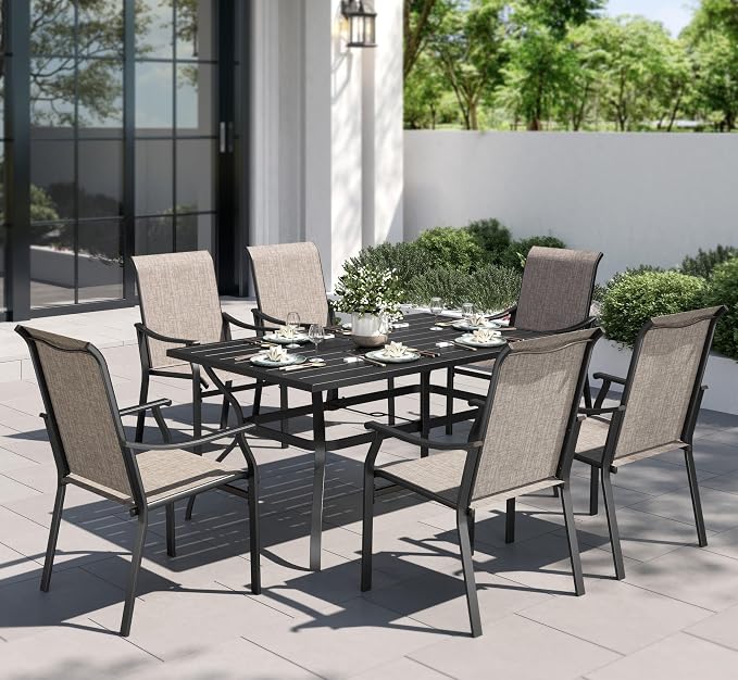 PHI VILLA Outdoor Dining Set for 6, Patio Chairs withTextilene Fabric and Metal Frame, Metal Dining Table with Umbrella Hole,Outdoor Table Chair Set for Patio