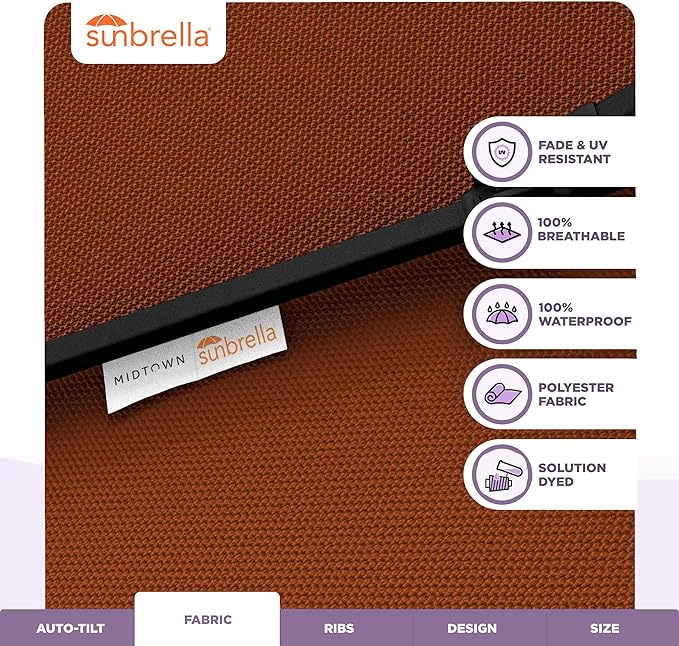 Midtown Umbrellas - The Lean 9 Ft Patio Umbrella with Fade-Resistant Sunbrella Fabric, Auto-Tilt Aluminum Frame and 8 Reinforced Ribs for Deck, Pool & Garden - Terracotta Canopy, Black Pole