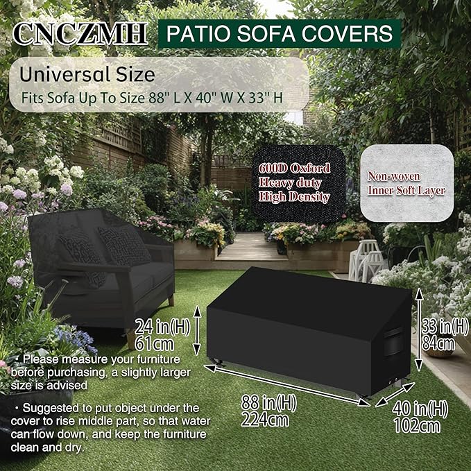 Heavy Duty Patio Sofa Covers Waterproof, Outdoor 3-Seater Couch Cover Waterproof, 600D Outdoor 2-Seater Loveseat Furniture Covers with Air Vent Handle 88''W x 40''D x 24''H/ 33''H Black