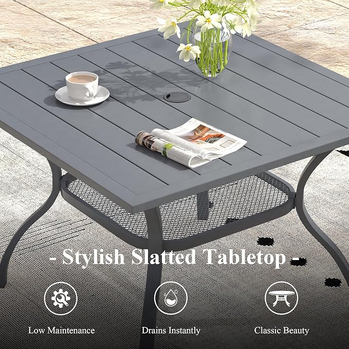 Outdoor Dining Set for 4, 37.8" Metal Outdoor Dining Table with Umbrella Hole and Sling Patio Swivel Chairs, 5 Pieces Patio Table and Chairs Set for Garden Backyard, Grey and Dark Grey