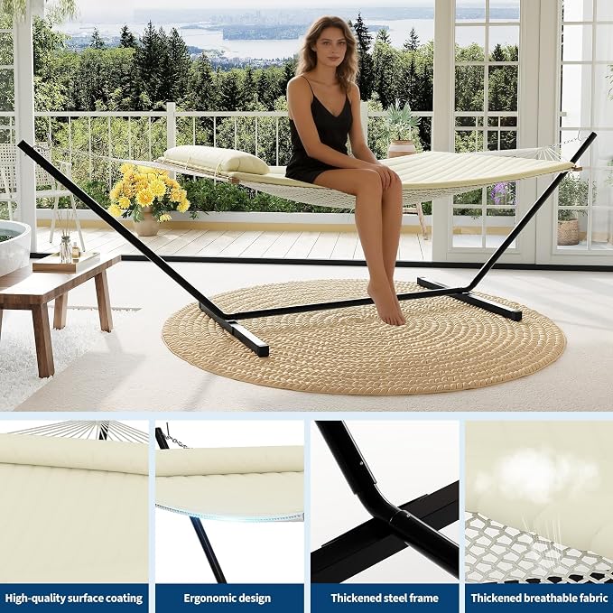 Heavy Duty Double Hammock with Stand & Soft Pillow, 450 LBS Capacity - Padded Portable Hammock for Indoor Outdoor Patio Backyard Garden