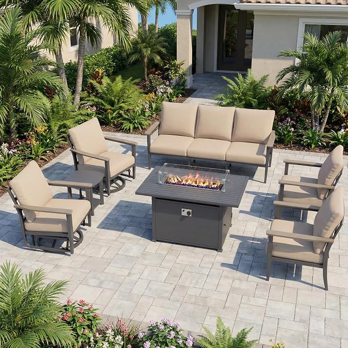 Aluminum Outdoor Patio Furniture Set with Swivel Rocking Chairs 9-Seat, Patio Sectional Sofa Patio Conversation Set with 55,000 BTU Fire Pit Table High Backrest & Thickened Cushions,Sand