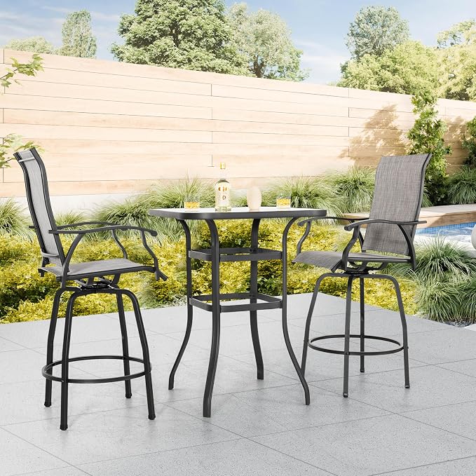 NUU GARDEN 3 Piece Outdoor Patio Bar Set,Glass Table and Swivel Stools,Gray and Black