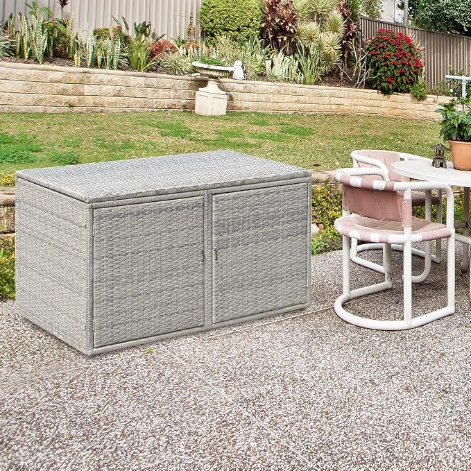 RELAX4LIFE PE Wicker Storage Box - Outdoor 88 Gallon 2-Tier Deck Box for Patio Furniture Toys Storage w/Lid & Front Doors, All Weather Rattan Storage Bin for Backyard Garden Poolside Porch (Grey)