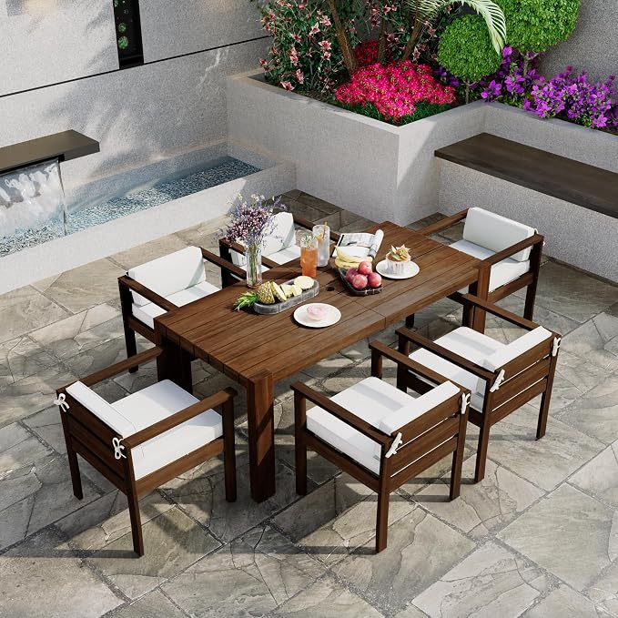 7-Piece Patio Dining Table Set for 6, Outdoor Furniture Sets with 71" Rectangle Table and Removable Cushions,for Backyard Garden Poolside (Mocha + Beige#m)