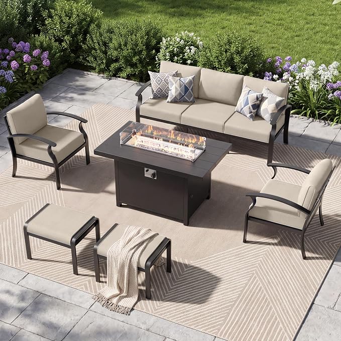 Aluminum Patio Furniture Set with Fire Pit Table, 7 Seats Outdoor Patio Conversation Sets with Ottomans, Modern Metal Patio Sectional Sofa with Upgrade Cushions for Patio, Backyard, Deck - Sand