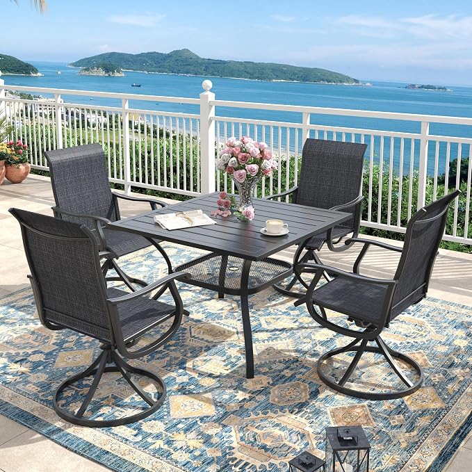 Outdoor Dining Set for 4, 37.8" Metal Outdoor Dining Table with Umbrella Hole and Sling Patio Swivel Chairs, 5 Pieces Patio Table and Chairs Set for Garden Backyard, Charcoal and Black