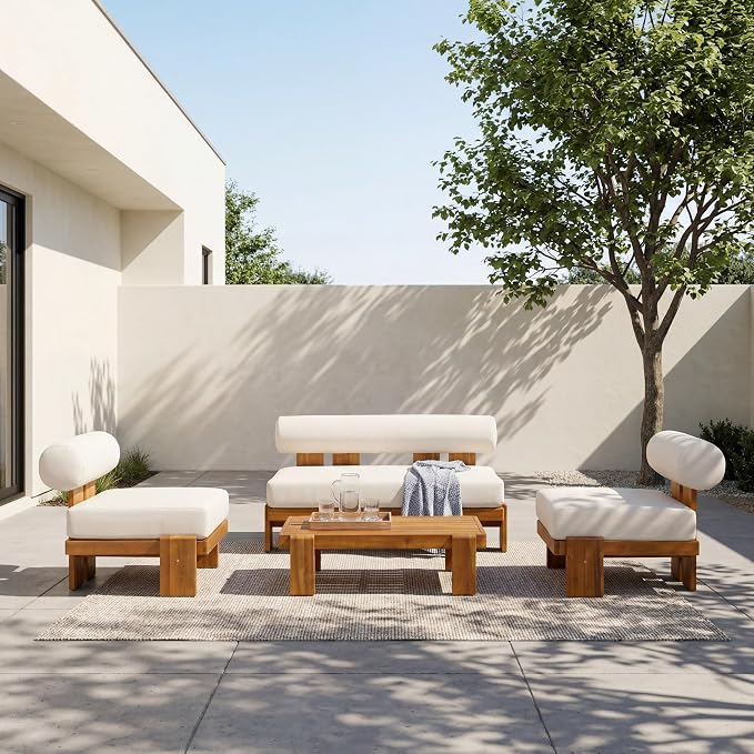 Merax 4-Piece Patio Conversation Set with Acacia Wood Frame, Waterproof Cushions & Round Backrest – Loveseat, 2 Club Chairs & Coffee Table for Garden, Deck & Balcony, Beige+Teak