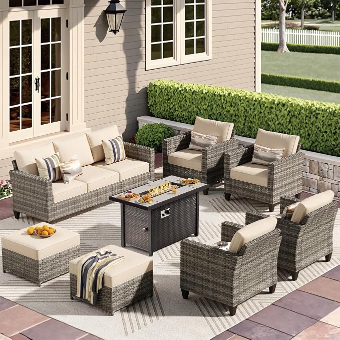 CAODOC 8-Piece Outdoor Wicker Patio Set with 9 Seats, Including 43" Fire Pit - Sectional Sofa and Conversation Set for Backyard or Lawn, Gray Rattan with Waterproof Beige Cushions