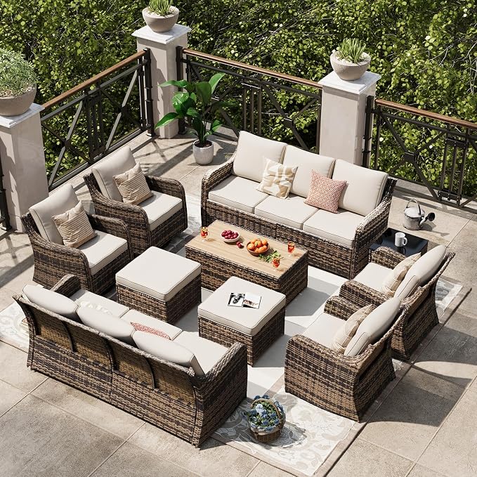 MEISSALIVVE Outdoor Patio Furniture Set with Swivel Chair, 10 Pieces Patio Conversation Set, Patio Sectional Furniture Set with 2 Three-seat Sofa, 2 Fixed Single Chair and Coffee Table (Brown)