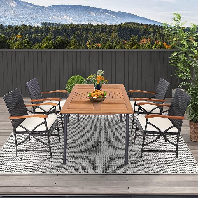 Tangkula 5 Pieces Outdoor Dining Set with Acacia Wood Table & 4 Wicker Rattan Armrest Chairs, Detachable Cushions, Umbrella Hole, All-Weather Patio Conversation Furniture Set for Garden Deck (5 PCS)