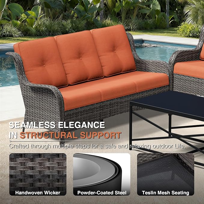 Joyside 8 Piece Wicker Patio Furniture Set, Outdoor Swivel Rocker Patio Chairs with High Back, Deep Seating, Wide Armrest, Thickened Cushions, Outdoor Furniture for Deck, Porch Use